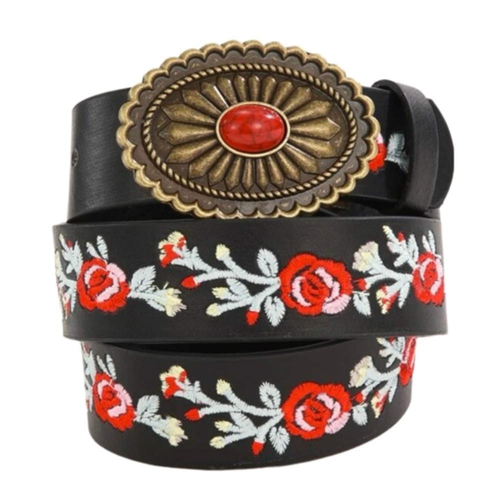 Floral Embroidered Black Belt with Ornate Buckle